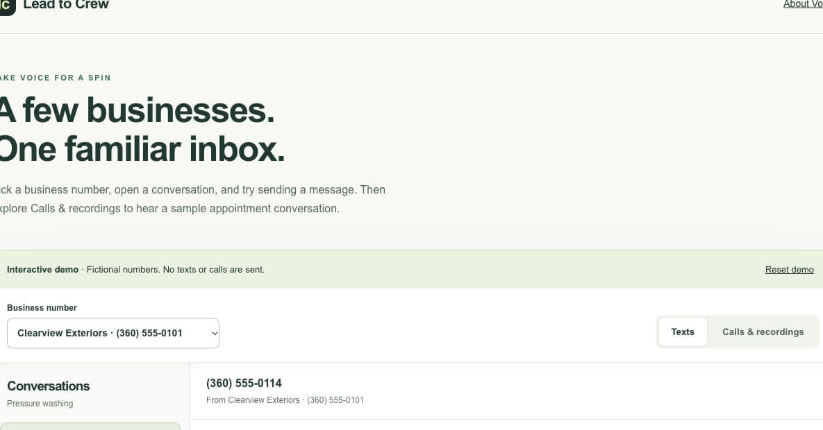 Fictional demo showing the business-number selector at the top, conversations on the left, and outgoing messages on the right.